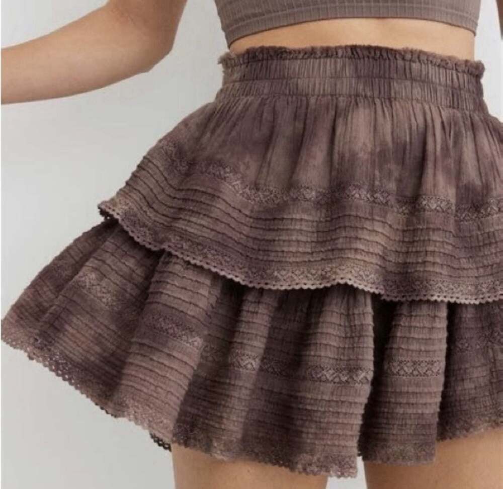 NWT Aerie Rock N Ruffle Mini Skirt Tie Dye Tiered Brown Boho Lace Pull On Sz S